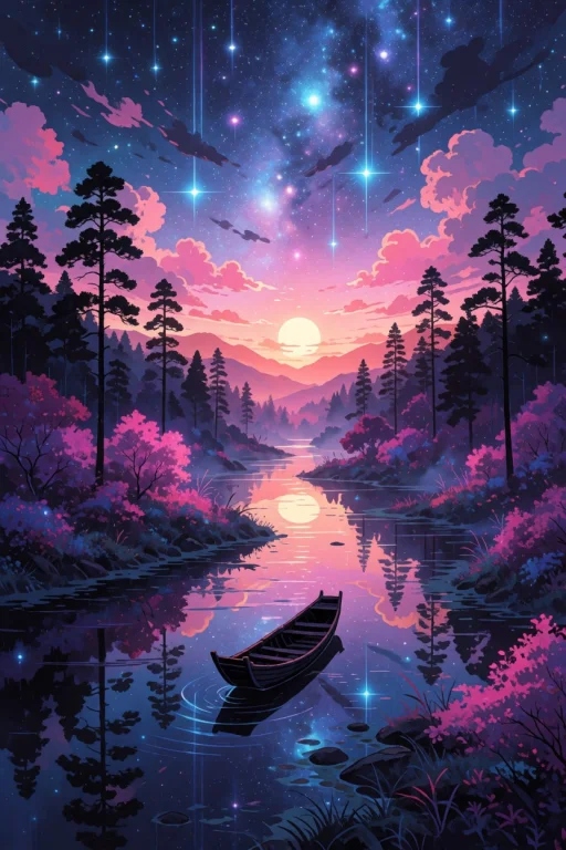 Dreamlike Nocturnal Fantasy Landscape Of A Narrow Tranquil R...