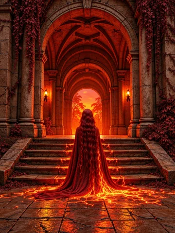 Hhc, D00r, Close-up Of A Red Long Wavy Haired Woman In Lava... — Stable Diffusion AI Prompt: HHC, d00r, close-up of a red long wavy haired woman in lava sytle glowing suit,...