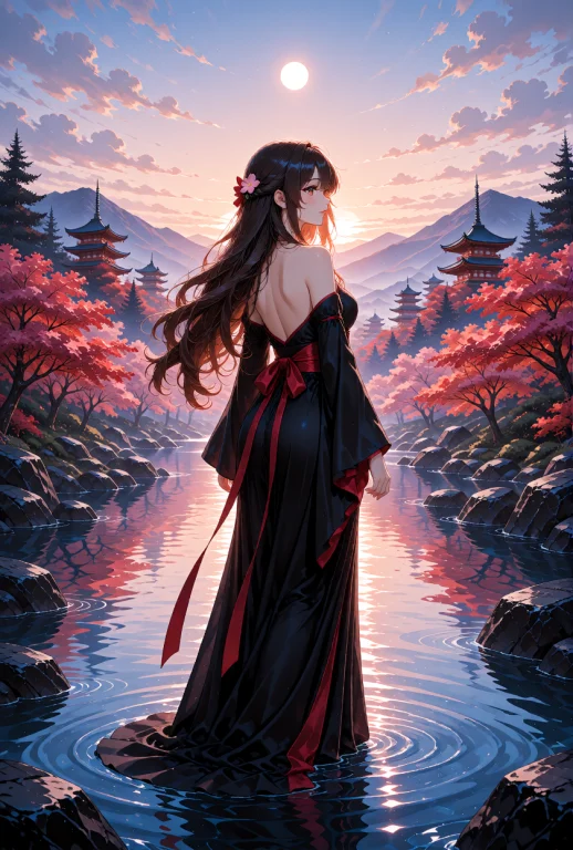 A Young Woman With Long, Flowing Wavy Dark Brown Hair Adorne...
