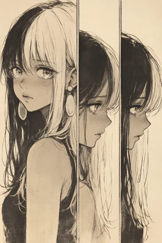 Stankatayamaniji6q Illustration. Triptych Three-panel Manga... — Stable Diffusion AI Prompt: stankatayamaniji6q illustration. Triptych three-panel manga sequence depicts a y...