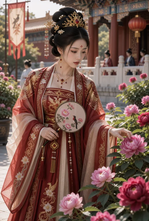 中远距离全身人物画面，一名身形修长的二十岁中国贵妃站在宫苑牡...