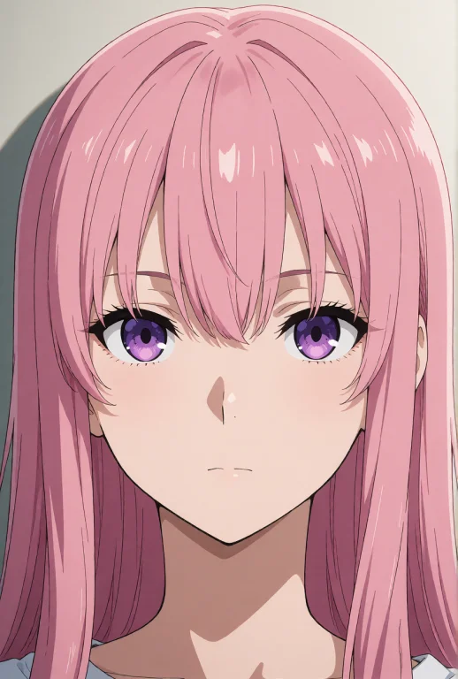 A Young Woman With Long, Soft Pink Hair And Blunt Bangs That...