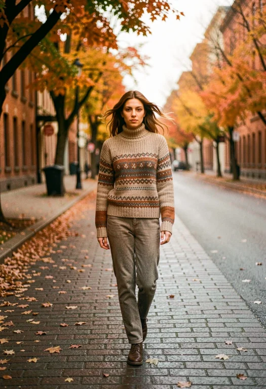 A Knit Ensemble On A Windswept Autumn Street, Low Key Lighti...