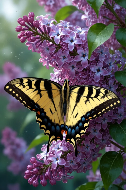 , A Tiger Swallowtail Butterfly On A Lilac Branch With Purpl...