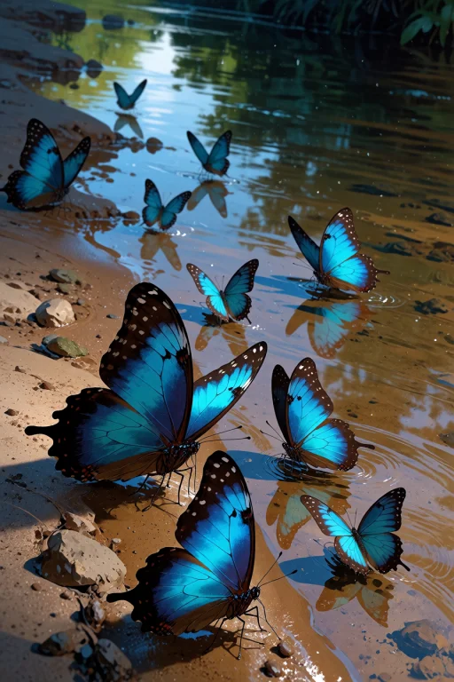 , A Swarm Of Blue Morpho Butterflies Drinking From A Riverba...