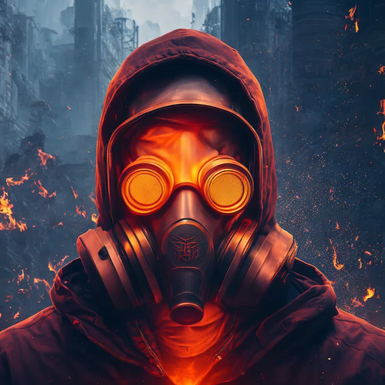 A Portrait Of A Person In A Gas Mask, Plain Background, Fire...