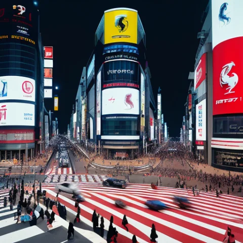 A Busy Tokyo City Street With Ferrari And Cars And People On... — Stable Diffusion AI Prompt: a busy tokyo city street with ferrari and cars and people on the sidewalk, a til...