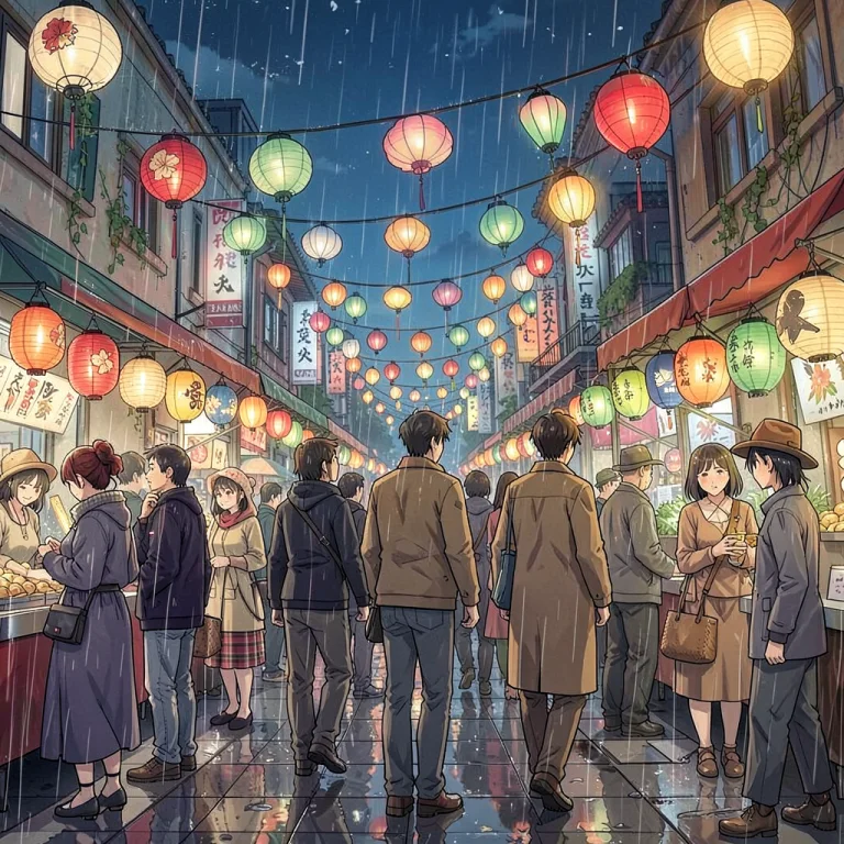A Bustling Night Bazaar Strung With Paper Lamps, Wide Angle...