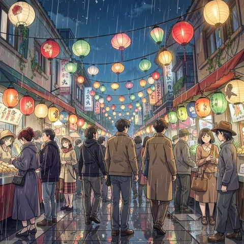 A Bustling Night Bazaar Strung With Paper Lamps, Wide Angle... — Stable Diffusion AI Prompt: a bustling night bazaar strung with paper lamps, wide angle lens, after the rain...