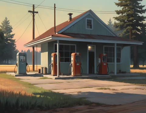 Old Rural Gas Station, 2 Gas Pumps, Garage, Repair Shop, Sum... — SDXL AI Prompt: old rural gas station, 2 gas pumps, garage, repair shop, summer evening, forest,...