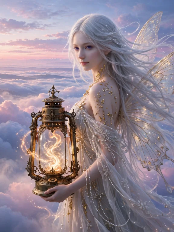 A Ethereal Fairy Maiden With Long Flowing Silver Hair And A...
