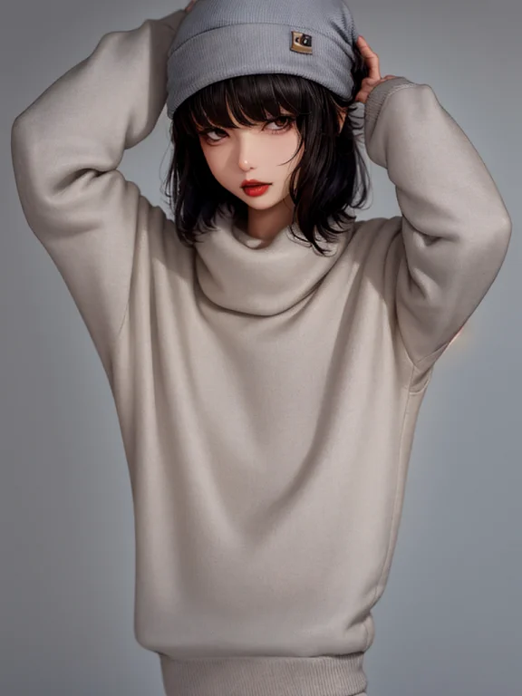 1girl, Solo, Hat, Greybackground, Lips, Beanie, Upperbody, B...