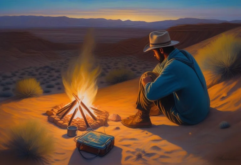 A Traveler Resting Beside A Desert Campfire, Plein Air Paint...