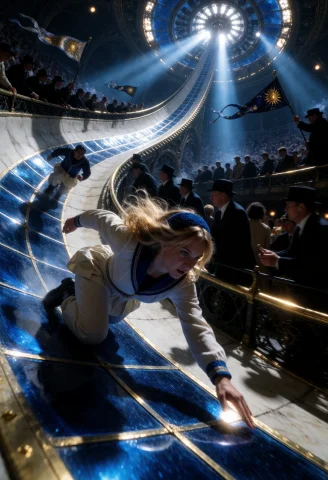 A Colossal Raceway Coils Through A Starwheel Amphitheater, I... — Stable Diffusion AI Prompt: A colossal raceway coils through a starwheel amphitheater, its steep lanes made...