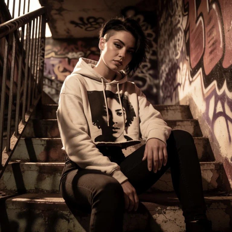 A Young Woman With An Undercut And Dark, Choppy Hair Sits On...