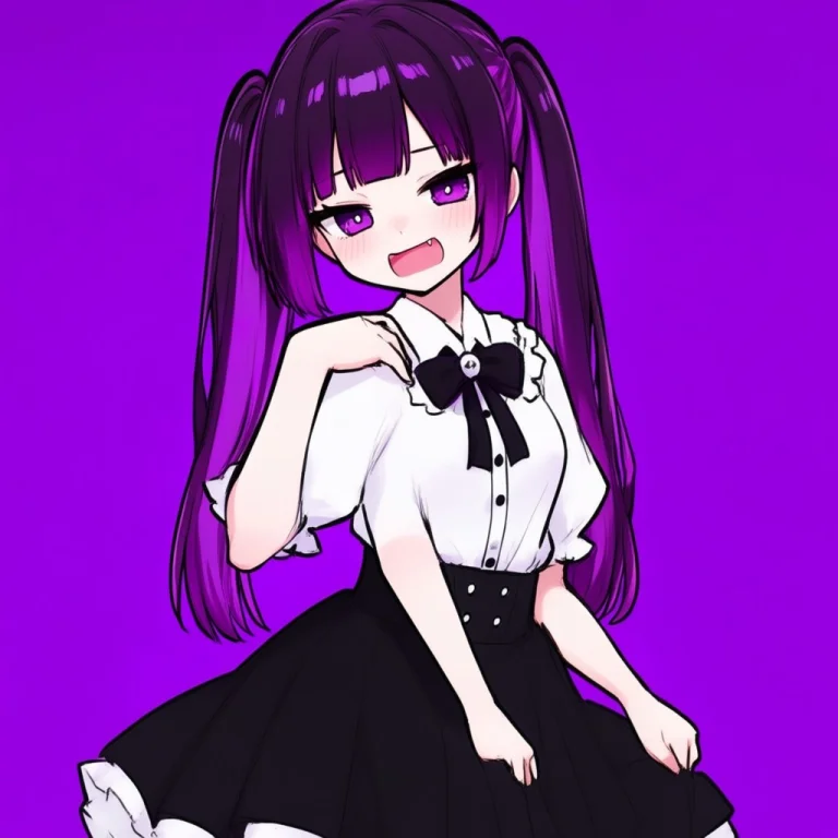 A Girl With Two Purple Ponytails , White Shirt, Black Skirt.
