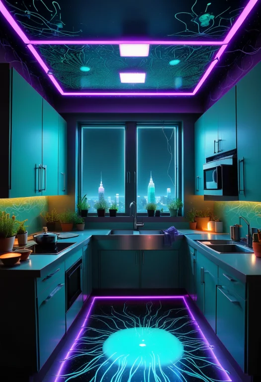 A Modest Kitchen In A High-rise Apartment, Bathed In Biolumi...