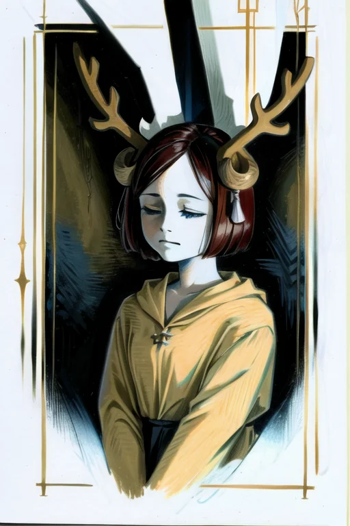 Antlers, 1girl, Solo Focus, Traditional Media, Solo, Closed...