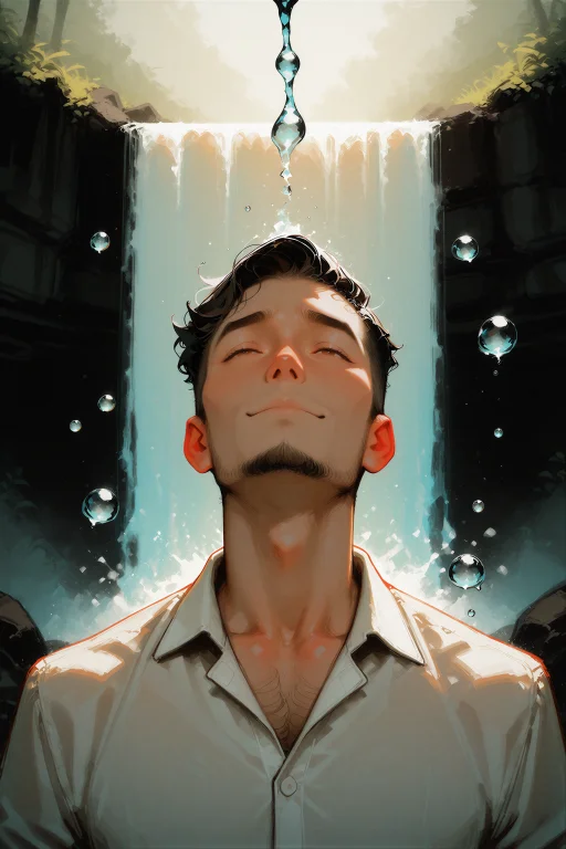 Digital Illustration, A Man Standing Beneath A Waterfall Wit...