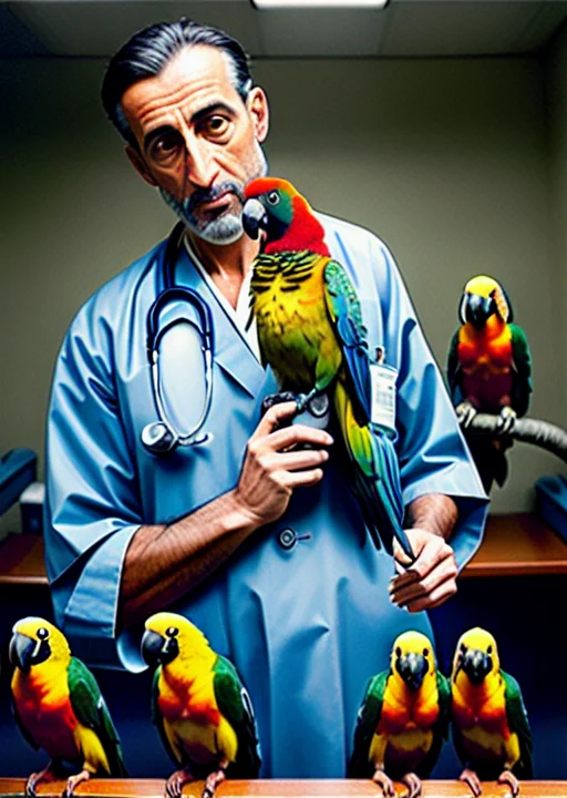 Female Doctor With Parrots In A Hospital Canon 6d, 35mm Lens...