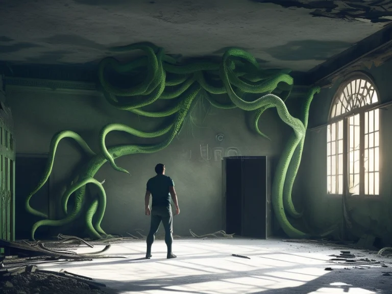 A Man Standing Inside Of An Abandoned Damaged Old Room With...