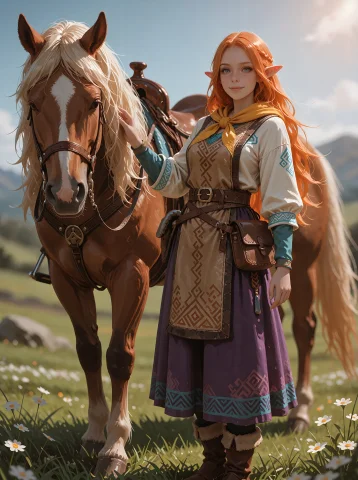 Mixim, A Young Woman With Long Flowing Orange Hair Stands Be... — Stable Diffusion AI Prompt: mixim, A young woman with long flowing orange hair stands beside a chestnut hors...