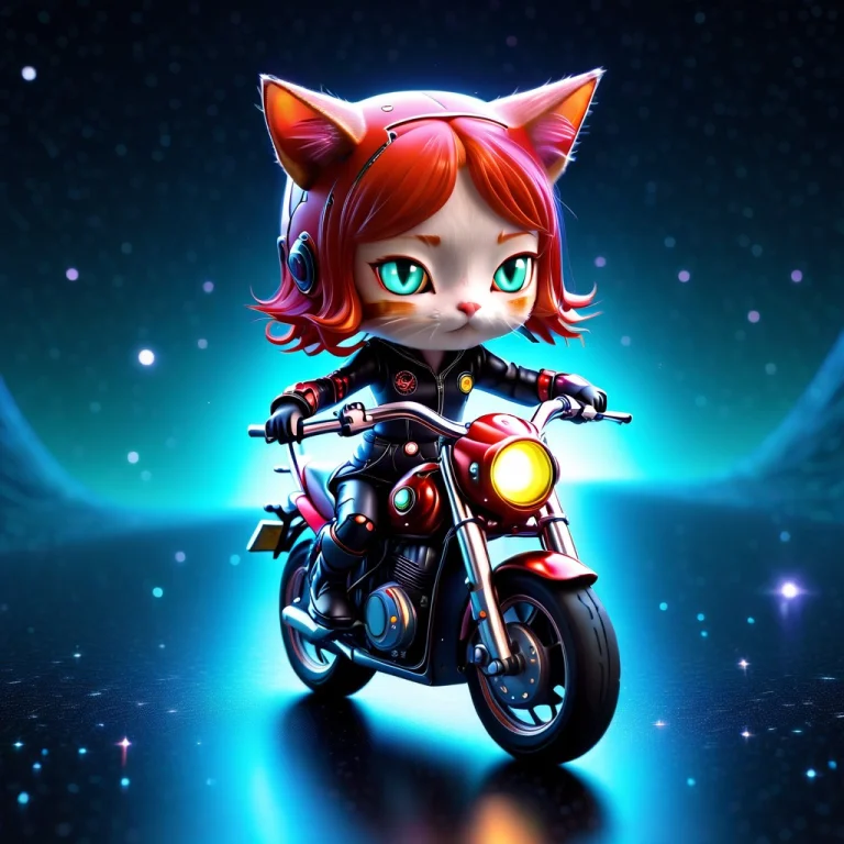 A 3d Chibi Anime Red Hair Cat Girl Riding Cosmos Universe Mo...