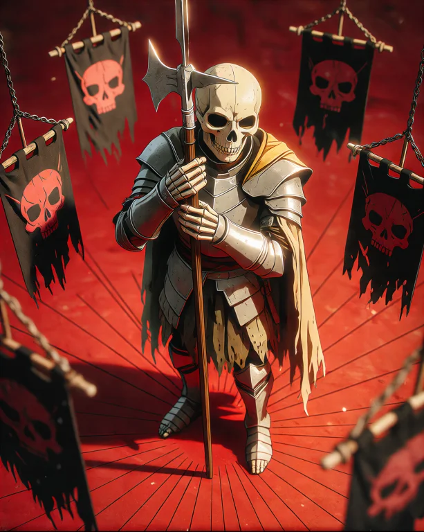 A Skeleton Clad In Plate Armor Stands Centered On A Solid Re...