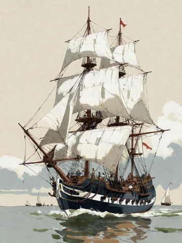 Bradhamel Art Style. A Grand, Multi-masted Sailing Ship With... — Stable Diffusion AI Prompt: Bradhamel art style.**** A grand, multi-masted sailing ship with full white sail...