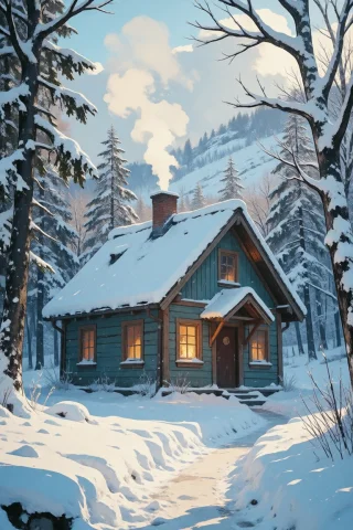 Nature, Photorealistic Winter Landscape Photography Of A Coz... — Stable Diffusion AI Prompt: nature, Photorealistic winter landscape photography of a cozy wooden cabin in a...