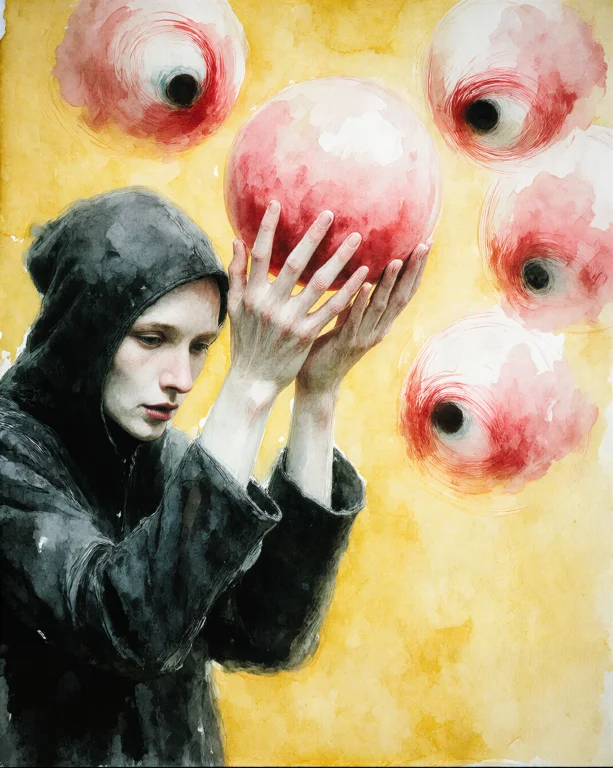 A Watercolor Painting Of A Figure In Dark Robes With A Pale...