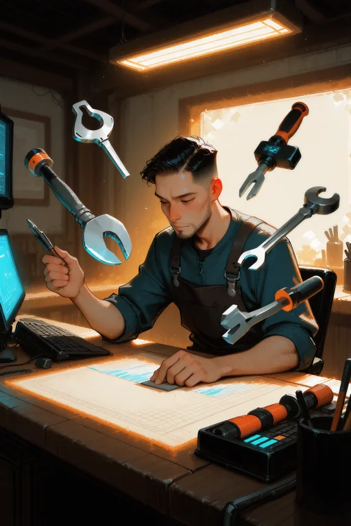 Digital Illustration, A Man Working At A Futuristic Workbenc...