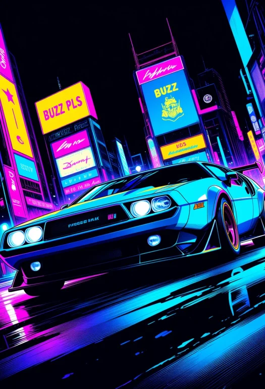 Future Car, Neon Lighting, Blue Car, Sign Yellow Buzz Pls, B...