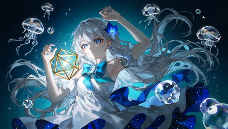 A Girl With Long Silver-white Hair And Blue Eyes Floats In A...