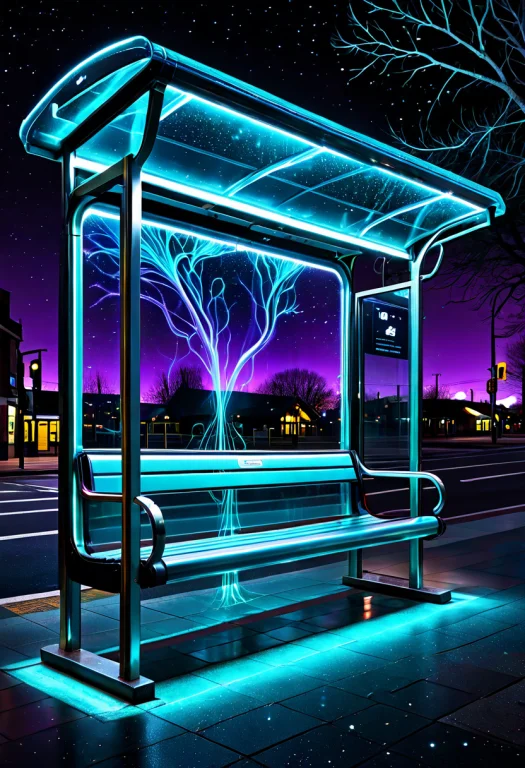 Photorealistic, Empty Night Bus Stop Bench, Shelter Glass Re...