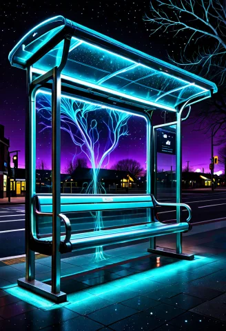 Photorealistic, Empty Night Bus Stop Bench, Shelter Glass Re... — Stable Diffusion AI Prompt: photorealistic, empty night bus stop bench, shelter glass reflecting a soft biol...