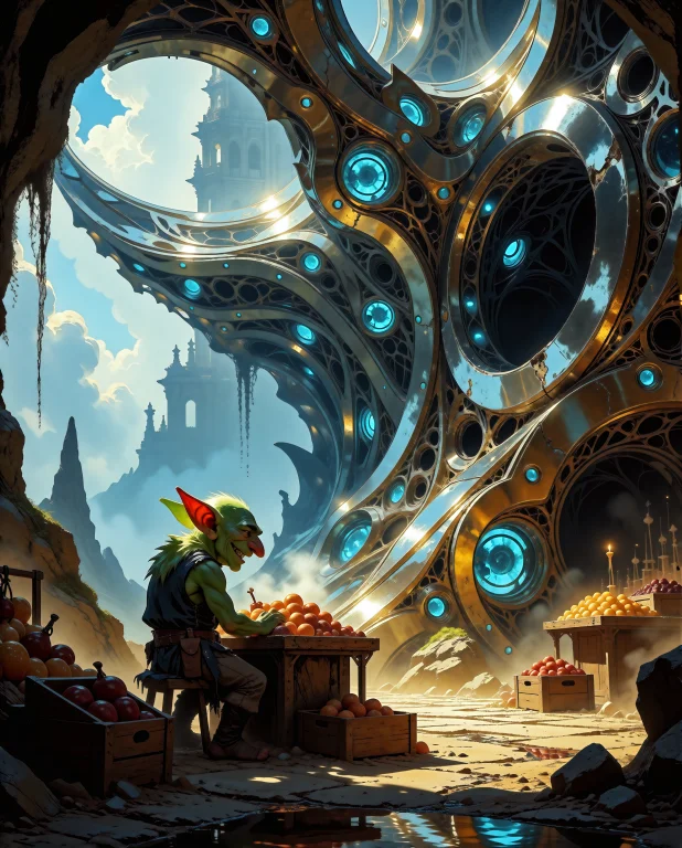 A Goblin Trading In A Underground Market. A Panoramic View O...