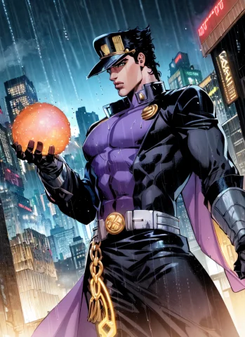 1boy, Dark Scene, Cowboy Shot Of Kujo Jotaro, Athletic, Blac... — Stable Diffusion AI Prompt: 1boy, dark scene, cowboy shot of kujo jotaro, athletic, black long coat, night c...