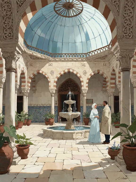 Bradhamel Art Style.the Image Is A Serene, Sunlit Courtyard...