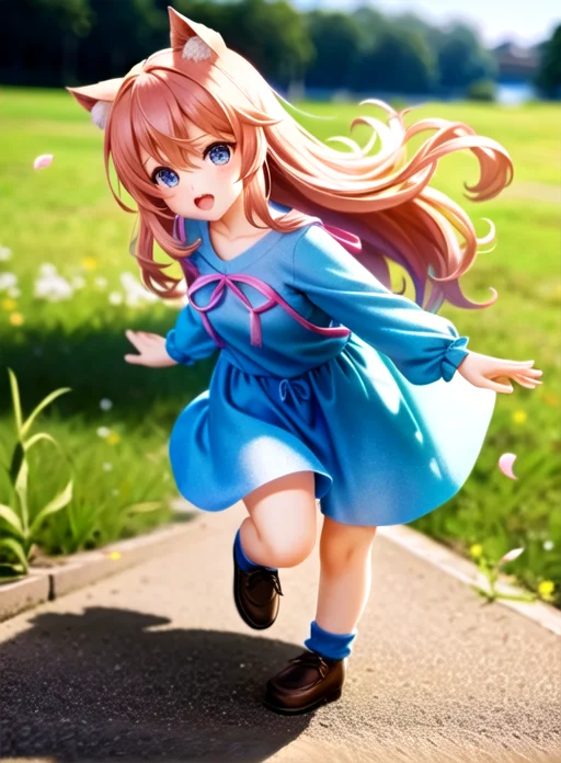 Tilt Shift Lens, Anime Woman, Full Body, Blue Shirt, Pink Dr...