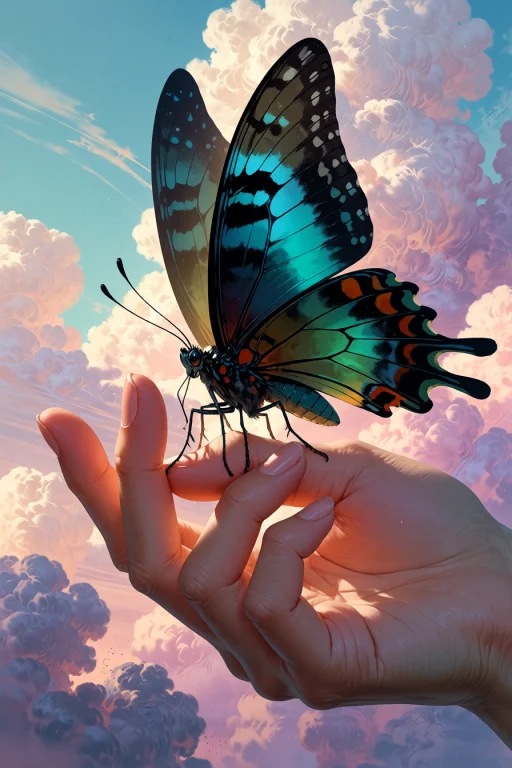 , A Butterfly Resting On A Hand Against A Backdrop Of Soft P...