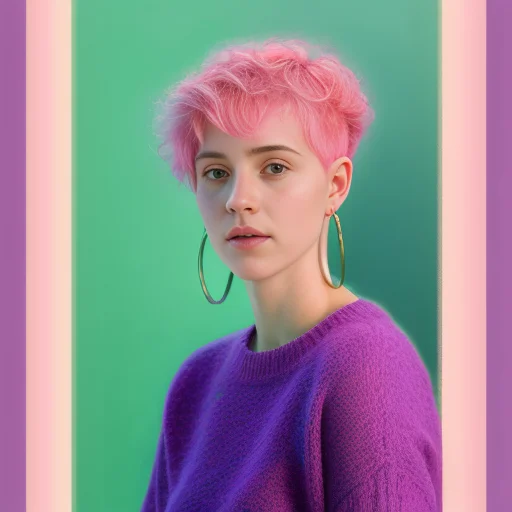 Portrait Of Woman With Bright Pink Hair, Curly Pixie Cut Hai...