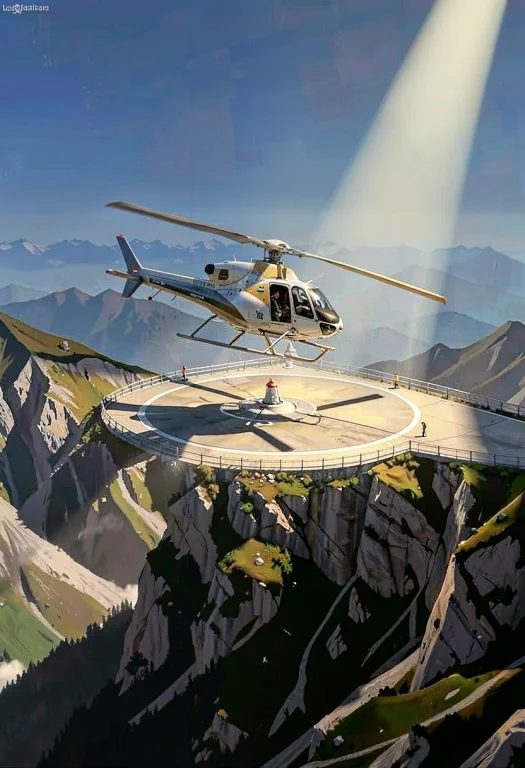 A Helicopter Lifting Off From A Mountain Pad, Digital Painti...