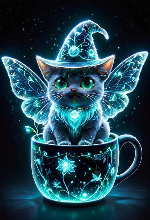 Ais-blmn, Cute Bioluminescent Cat, Whimsical, Cartoon, Vibra...