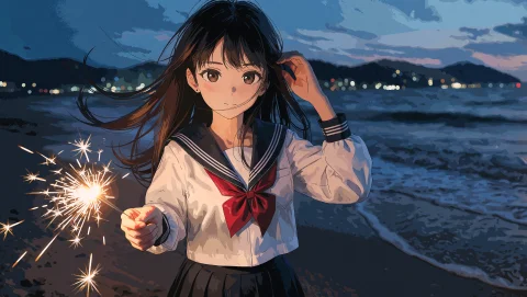 A Medium Close-up Of A Girl With Long Dark Hair And Brown Ey... — Stable Diffusion AI Prompt: A medium close-up of a girl with long dark hair and brown eyes standing on a bea...