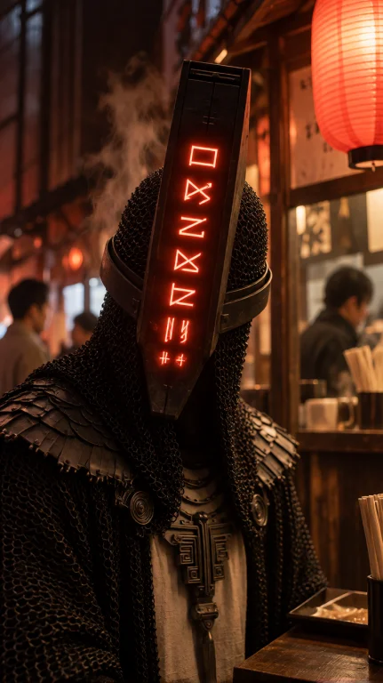 Cybrpnk Masked Humanoid, Chest-up, Eye-level, Seated, Facing...