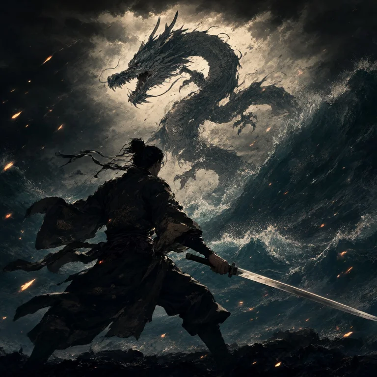 Ukiyo-e, Dragon, Stormy Sky, Cinematic Lighting, Silhouette,...
