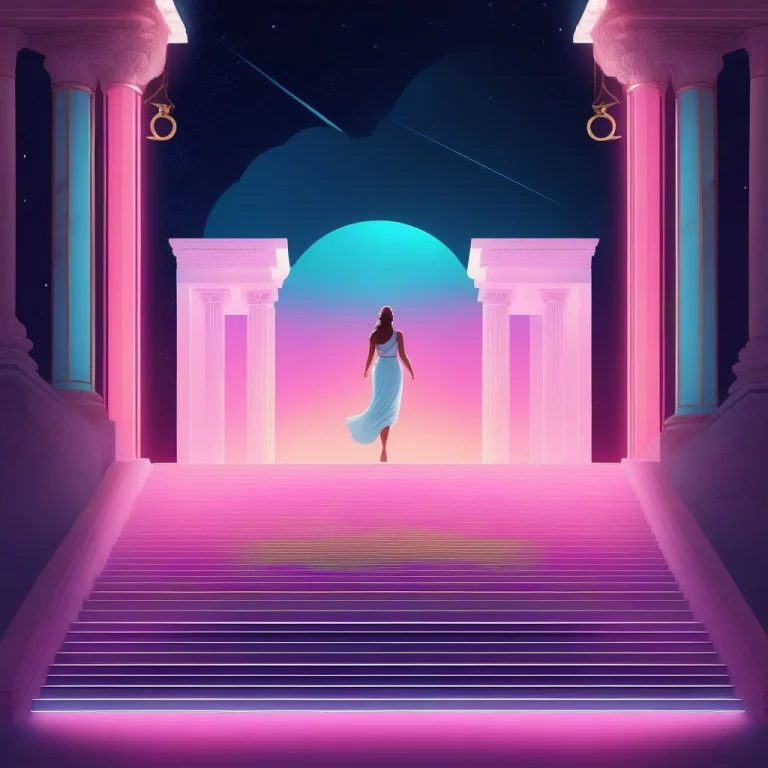 A Greek Goddess Descending A Marble Stair, Neon Lighting, Wi...