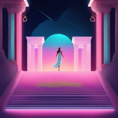 A Greek Goddess Descending A Marble Stair, Neon Lighting, Wi... — SDXL AI Prompt: a Greek goddess descending a marble stair, neon lighting, wide establishing shot...