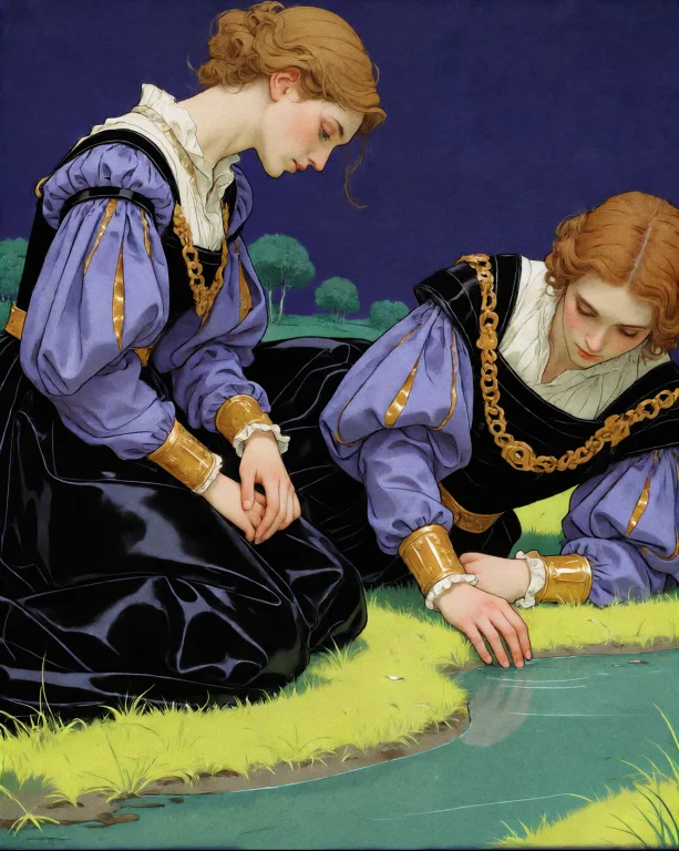 Yfg-thorn Style Two Figures Recline On Luminous Green Grass...